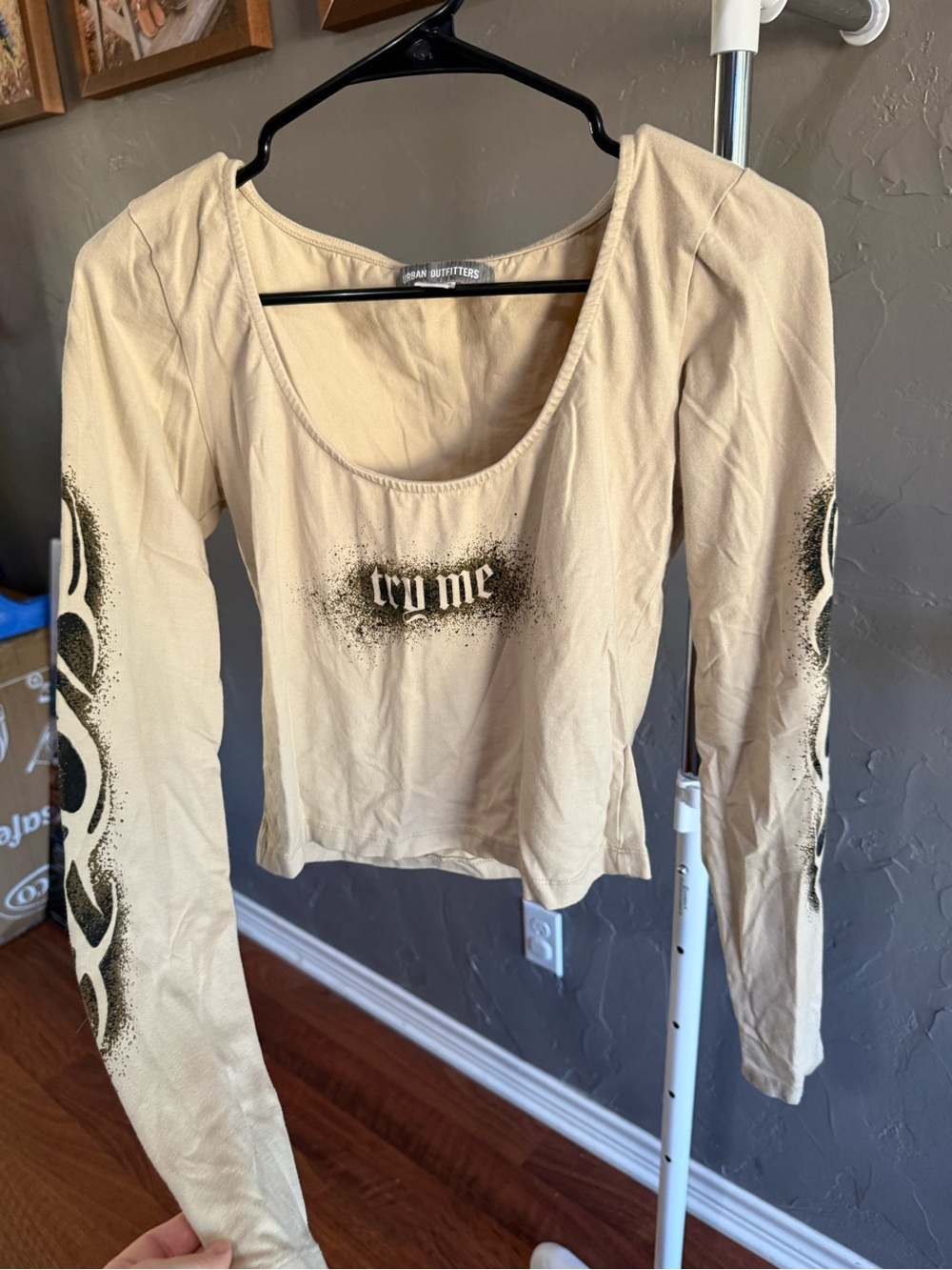 Urban Outfitters Cream 'Try Me' Long Sleeve Scoop Crop Top
